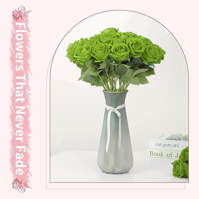 52 PCS Green Artificial Roses Bulk, Fake Artificial Flowers Bridal Bouquet Silk Faux Rose with Stems for Wedding Flowers Decoration, Valentine's Day, Bridal Bouquet, Anniversary, Home Decor (52PCS)