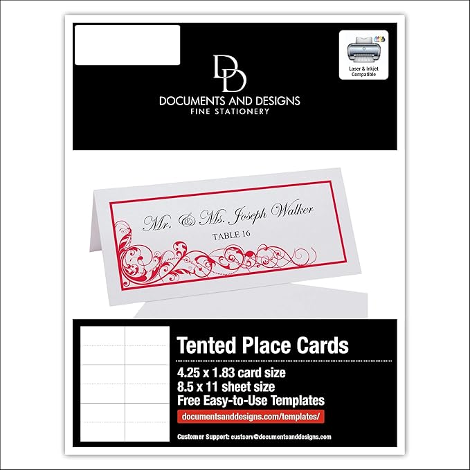 Scribble Vintage Swirl Printable Place Cards, Ruby Red (Choose Color), Set of 60 (10 Sheets), Laser & Inkjet Printers - Wedding, Party, Dinner, and Special Events