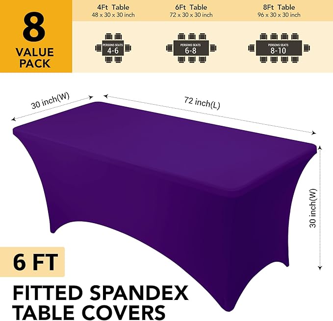 8-Pack Premium Purple Spandex Tablecloths for 6ft Rectangle Tables, Stain & Wrinkle-Resistant, Washable Stretch Polyester Fitted Table Cover for Weddings, Banquets, Trade Shows Events