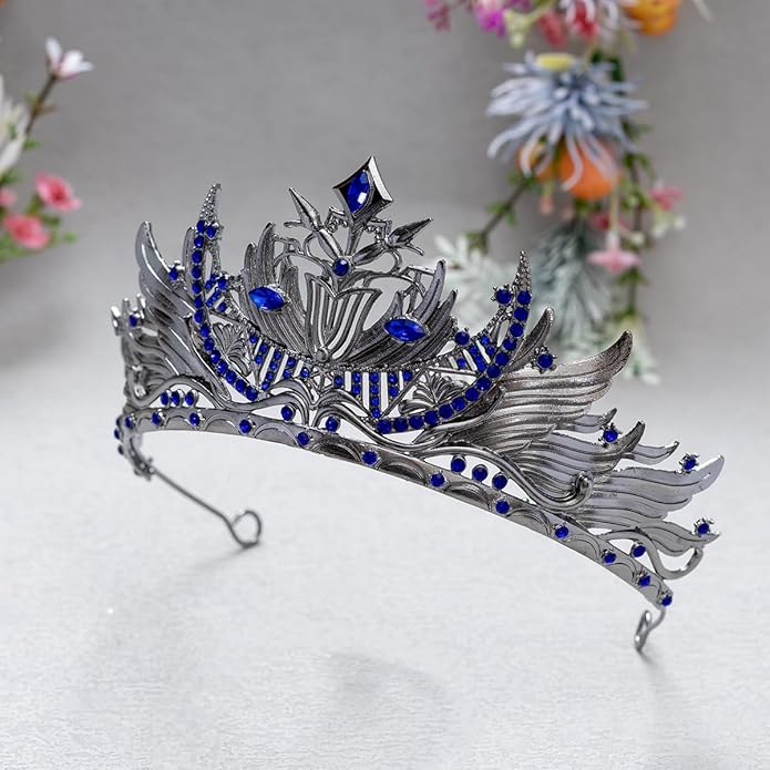 Gothic Red Crystal Flame Wing Tiara Crown for Women Girls, Halloween Cosplay Dark Queen Headpiece, Vintage Rhinestone Headband for Masquerade Party Wedding Prom Stage Accessories
