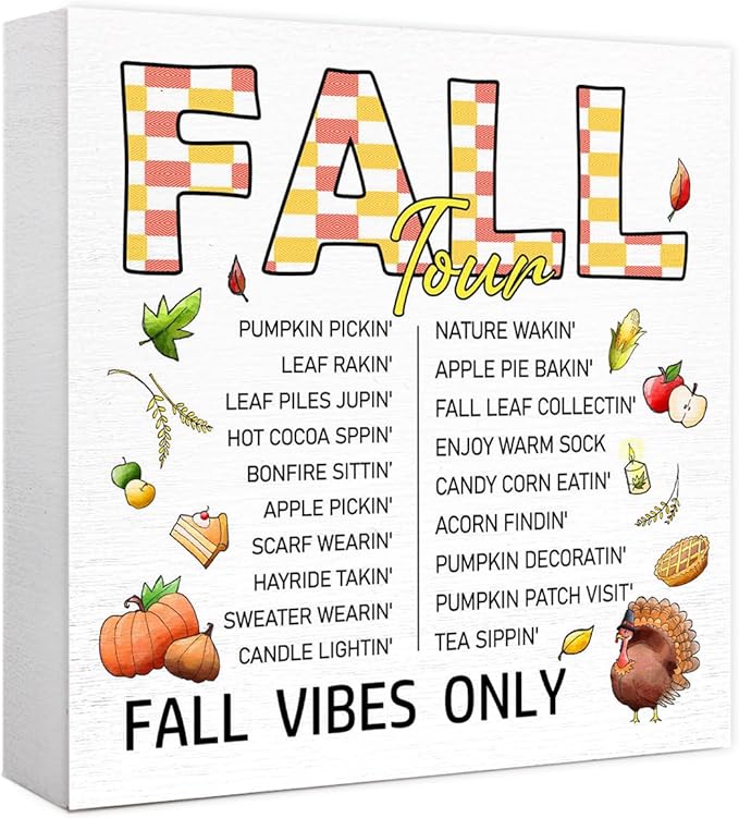 Funny Autumn Wood Box Sign Fall Vibes Only Wooden Block Desk Decor for Home Office Kitchen Cubicle Table Shelf Tabletop,Farmhouse Fall Sign Decor