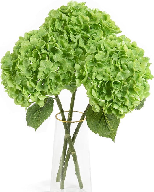 BonBloom's 3 Pcs Dark Green Hydrangea Artificial Flowers, Latex Real Touch Faux Hydrangeas Lifelike Stem & Blooms Fake Flowers for Wedding Bouquet Party Outdoor Table Centerpieces Home Decor