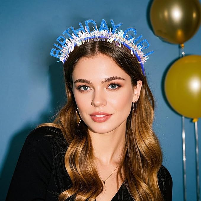 Jaciya Birthday Girl Glitter Headband for Women Girls Sparkling Blue Party Hair Accessories with Confetti Tinsel