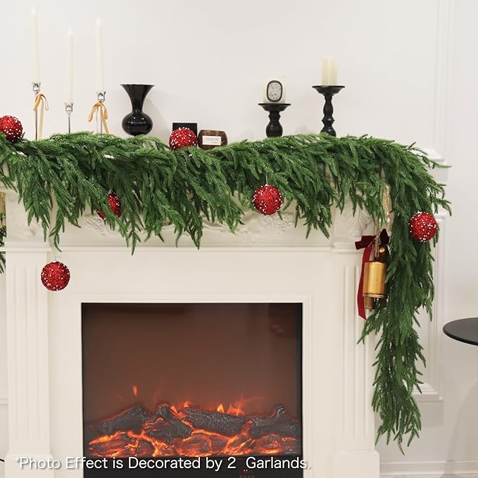 9FT Christmas Garland Norfolk Pine Garland Real Touch Artificial Greenery Garland for Mantle Fireplace Table Indoor Outdoor Holiday Decortions (Dark Green)