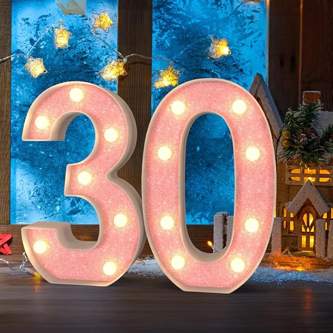 Marquee Light up Numbers 0-9, Battery Powered LED Light, Pink Glitter Plastic for 30th Birthday Decorations, Graduation Engagement Wedding Decor (Number 30)