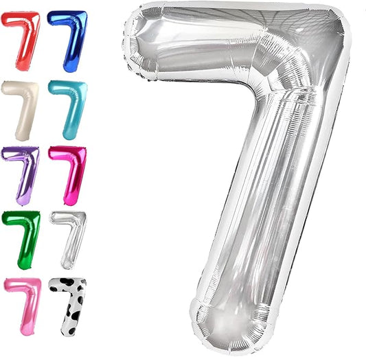 Silver Number 7 Birthday Balloon 40 Inch, Digital Balloons for 7 17 27 70 77 Party Celebration Decorations Supplies, Mylar Foil Numbers Balloon for Seven Wedding Anniversary