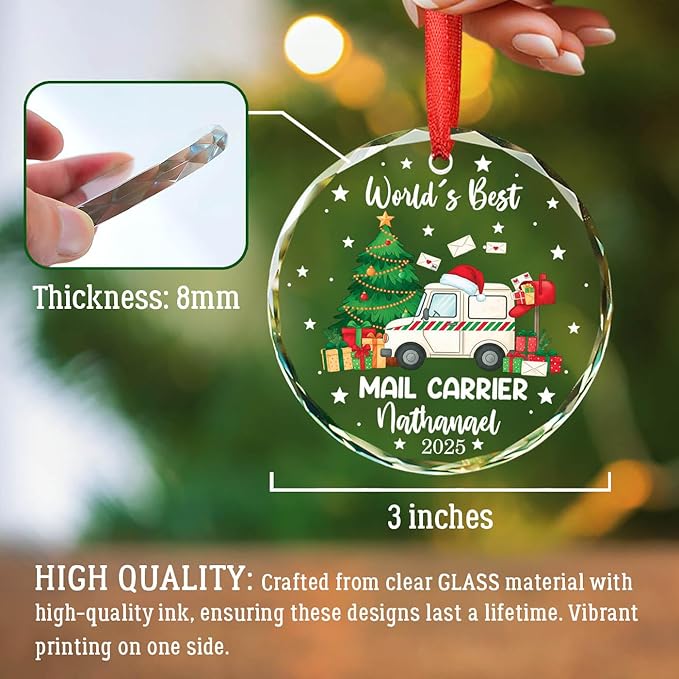 Personalized World's Best Mail Carrier Christmas Glass Ornament 2025, Mail Truck Christmas Tree Decoration Ornaments, Custom Name & Year Ornament Xmas Gifts for Postal Worker, Mailman Keepsake