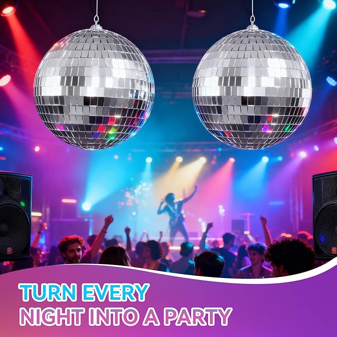 6-Inch Disco Ball 2-Pack – Silver Hanging Mirror Balls with String, Reflective Disco Ball Decor for Disco Party Decorations, Disco Christmas Decor, Home DIY, Weddings & Indoor/Outdoor Events
