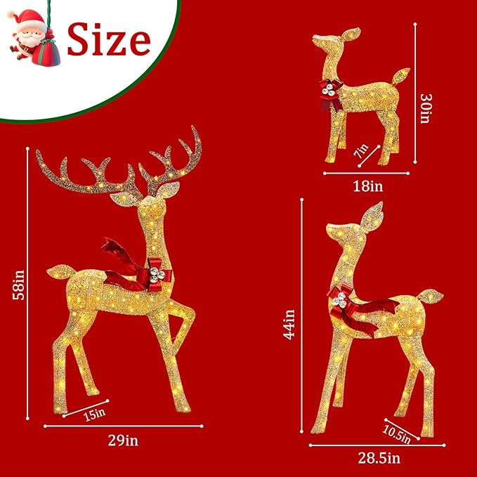 2025 New 3D 58 Inch Outdoor Lighted Reindeer Decorations, 3-Piece Christmas Deer Family Set, Large Christmas Deer Decoration with 210 LED Flashing Lights for Yard, Lawn, Gold