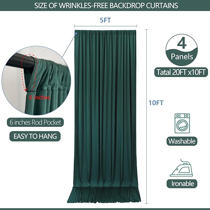 20x10ft Wrinkle Free Hunter Green Backdrop Curtain for Parties Soft Fabric Drapes Wedding Dark Green Curtain Backdrop for Birthday Party Decorations Background for Photography 5x10ft,4 Panels