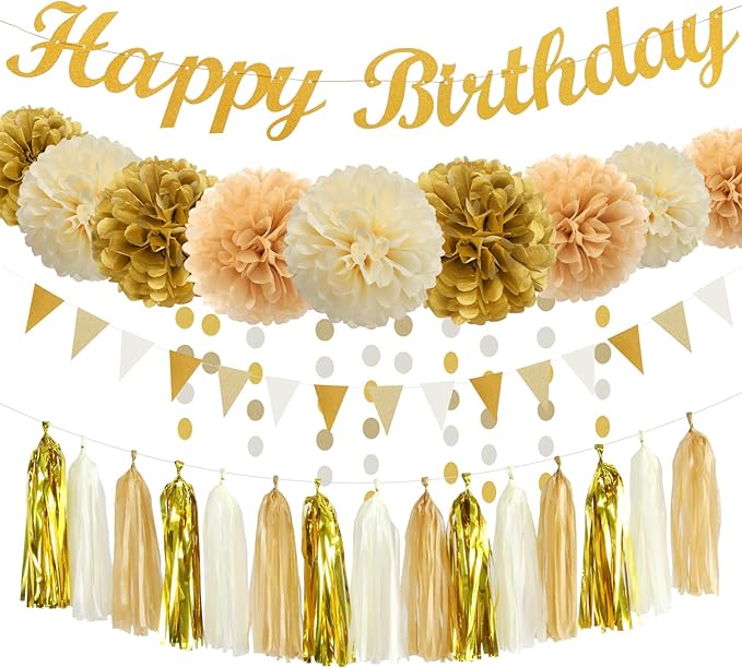White-Gold Champagne Birthday Party Decorations - 27pcs Tissue Pom Poms Streamers,Christmas Tassel Garland,1st,2nd,10th,13th,18th,25st,30th,40th,50th Neutral Happy Birthday Banner Decor Panduola