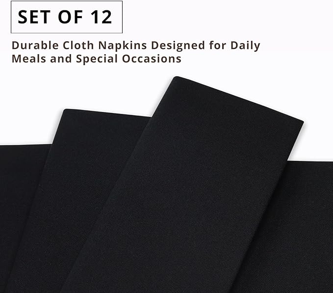 PurpleEssences Set of 12 Cloth Dinner Napkins 100% Cotton 18x18 Inch - Soft Durable Washable - Ideal for Farmhouse Party Christmas Holiday Winter - Perfect Everyday Use Table Linen - Black