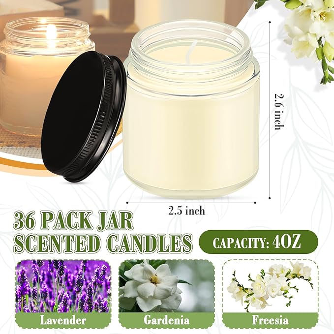 MTLEE 36 Pcs Mini Mason Jar Candles Favors Bulk 4 oz Small Scented Jar Candles with Lids for Birthday Wedding Party Gift(Freesia, Gardenia, Lavender)