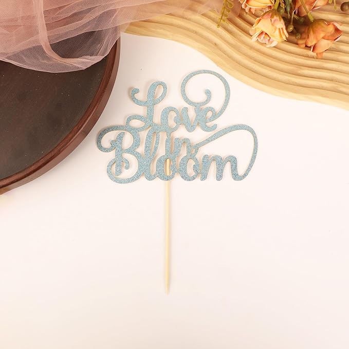 Love in Bloom Cake Topper - Glitter Sky Blue Bridal Shower Cake Decoration, Wedding & Engagement Cake Pick (Sky Blue)