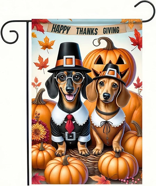 Thanksgiving Dachshund Garden Flag 12x18 Double Sided Fall Harvest Dog Lover Yard Flag Autumn Pumpkin Outdoor Decorations Cute Pilgrim Dogs Welcome Banner Farmhouse Thanksgiving Garden Decor