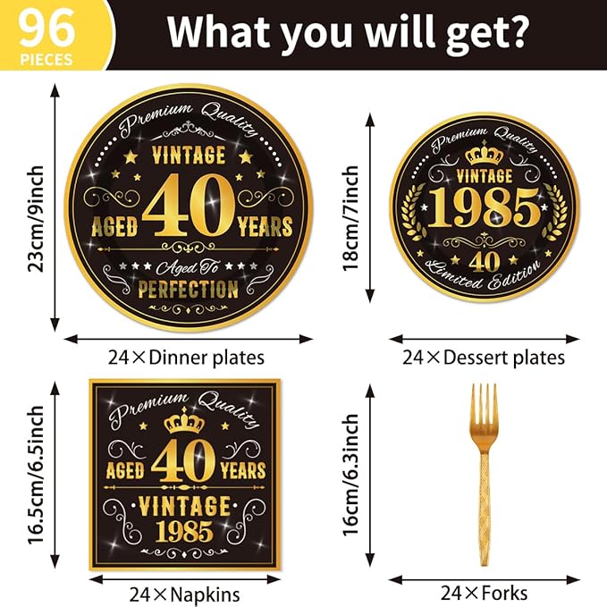 96PCS 40th Birthday Plates and Napkins Party Supplies 40th Birthday Decorations for Men 40th Anniversary Decorations Vintage 1985 Birthday Party Tableware Sets Serve 24 Guests