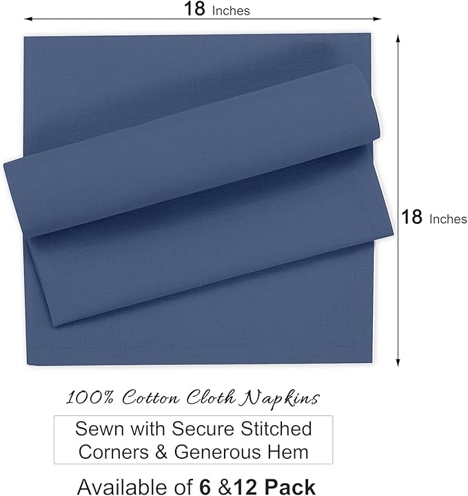 Ruvanti Premium Cloth Napkins Set of 6, 18x18 Inches, 100% Cotton, Washable, Soft & Absorbent, Perfect for Wedding, Christmas, ‎Thanksgiving Dinners - Bijou Blue