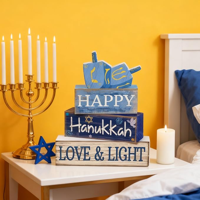 4 Pcs Hanukkah Table Decorations Chanukah Tiered Tray Decor Dreidel Star of David Wooden Block Signs Blue and White Jewish New Year Judaism Hanukkah Decor for Home Kitchen Mantel Party