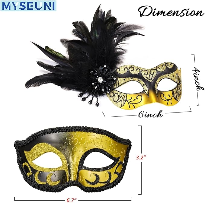 2025 New Masquerade Mask with Feather for Couples - Women's Masquerade Mask with Feather & Men Venetian Costume Mask