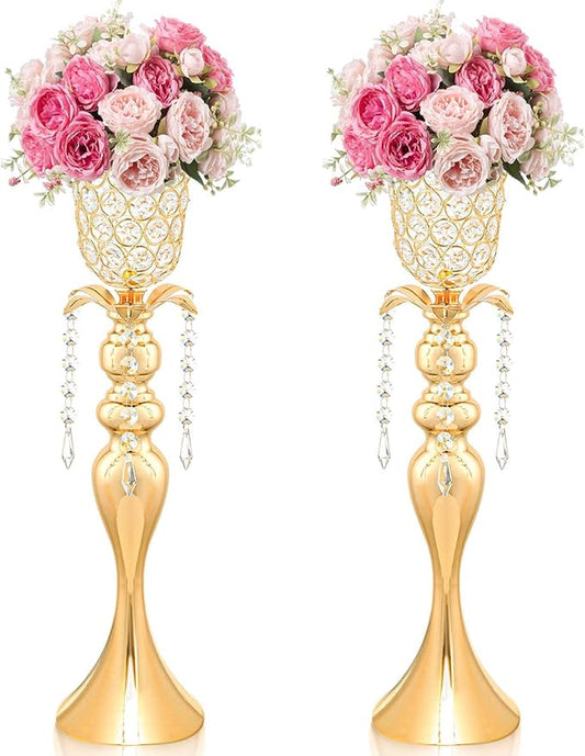 2Pcs Gold Crystal Metal Vase Set - Tulip & Trumpet Wedding Centerpieces, Artificial Flower Arrangement Vases for Home Decor, Restaurant Table Displays