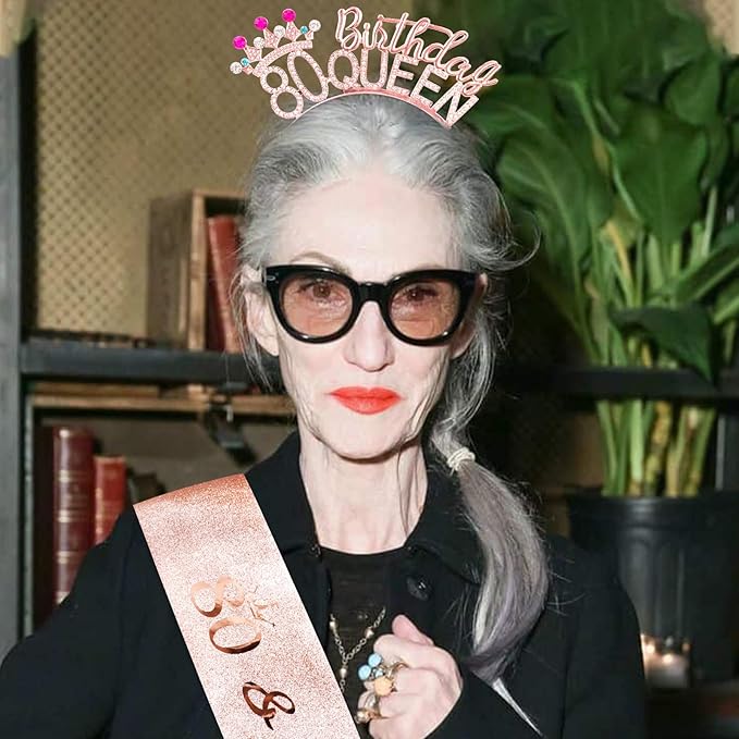 VELSCRUN 80th Birthday Queen Headband, Tiara Crown for Women, 80th Birthday Decorations for Her, Birth Queen Tiaras Crowns Sash for Women Mom Birth Party Decoration Hair Accessories Rose Gold