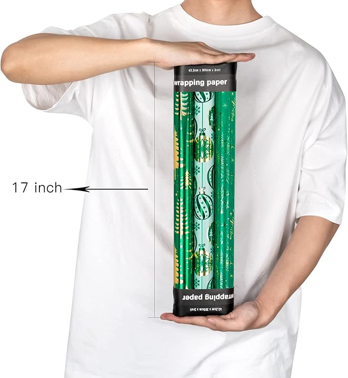 MAYPLUSS Christmas Wrapping Paper Roll - Mini Roll - 17 inch X 120 inch Per roll - 3 Different Green Design with Glitter Metallic Foil Shine (42.3 sq.ft.ttl)