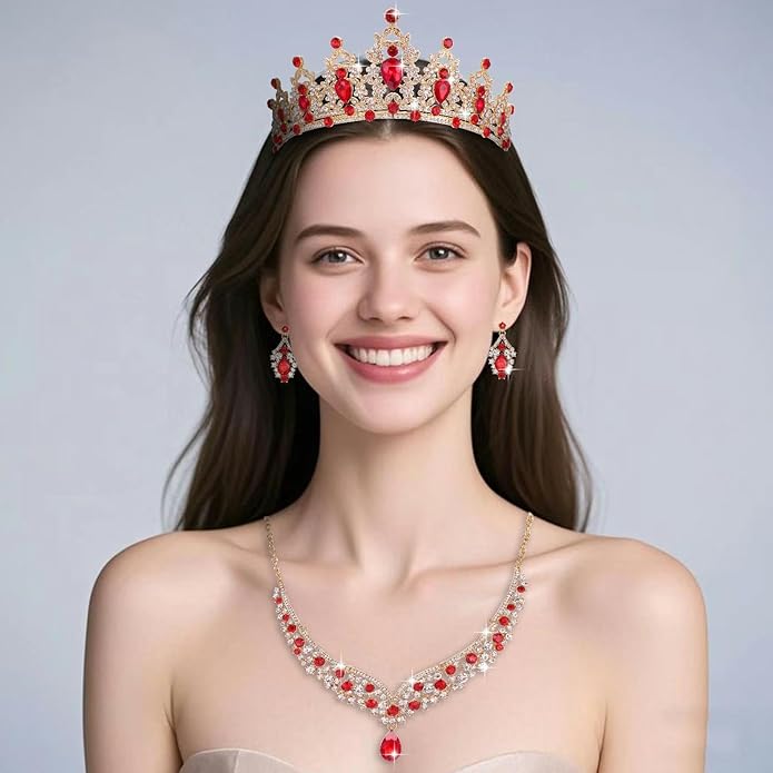 Tiaras and Crowns for Women,Tiaras Earrings Necklace, Crystal Bridal Jewelry Set (Red)