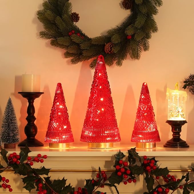 PHITRIC Christmas Decorations Indoor, 3 PCS Sparkling Glass Red Christmas Tree Table Centerpieces Decor with LED Lights and Timer, Xmas Tree Decorations for Home, Mantel, Shelf, Office, Tabletop