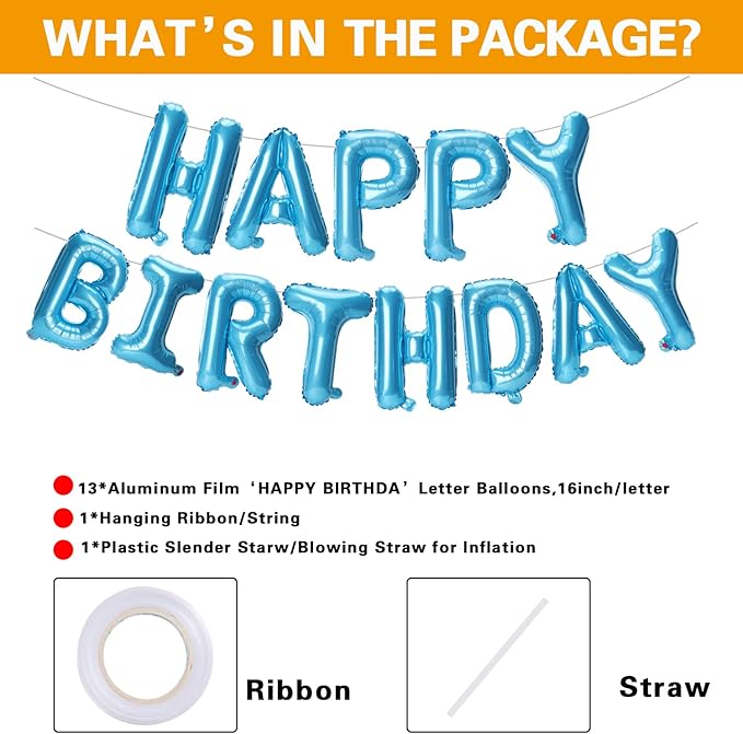 Accevo Light Blue Happy Birthday Balloons Banner 16 Inch Foil Letters Balloons Happy Birthday Sign Banner 3D Happy Birthday Balloons for Kids, Child, Adults, Boys & Girls Birthday Party Decorations