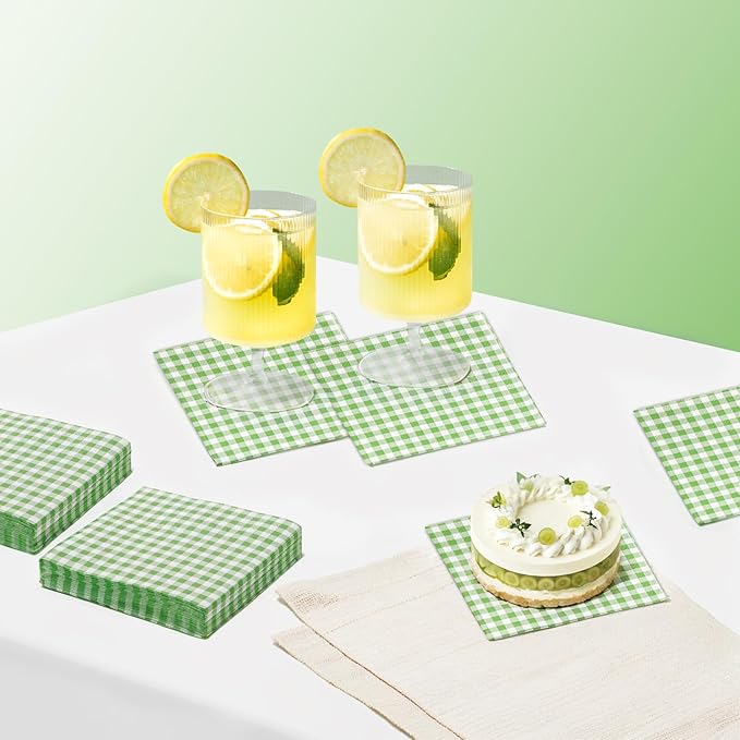 FLOWERCAT 100-Count 2-Ply Green Checkered Cocktail Napkins Gingham - Green and White Checkered Napkins Disposable Premium Quality - 5" x 5" Paper Napkins for Easter Party,Bar,Weddings