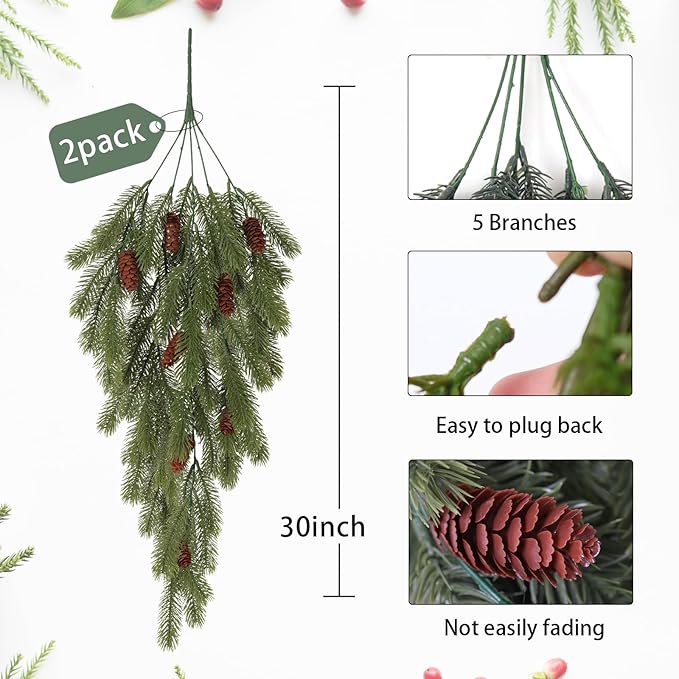 RECUTMS 2 Pack Artificial Pine Branches with Cones Green Plants Pine Needles Artificial Hanging Plants Outdoors DIY Accessories for Outdoors for Wreath Christmas and Home Garden Decoration(Green)