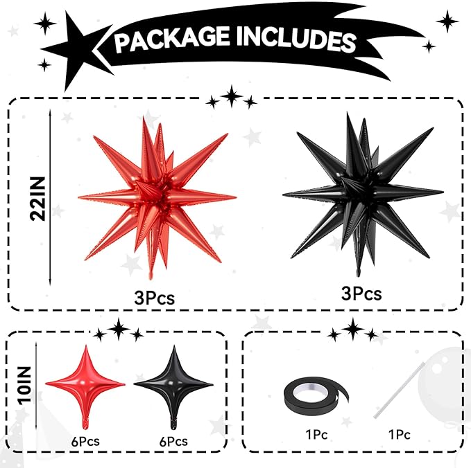 18 Pcs Black Red Star Balloons, Red and Black Balloon with 6 Pcs 22-Inch Explosion Star Balloons 12Pcs 10-Inch Four Pointed Stars Foil Balloon for Anniversary Disco Birthday Party Decorations