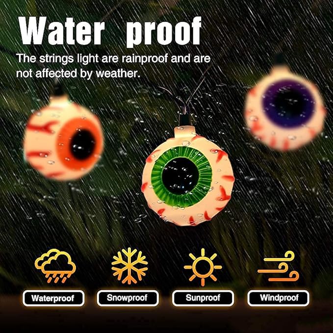Halloween Eyeball String Lights, 8.5Ft Halloween Decorative String Lights with 10 Multicolor Eyeball Bulbs, UL Listed Waterproof for Indoor/Outdoor Use, Patio, Garden, Gazebo, Door Decoration, Black