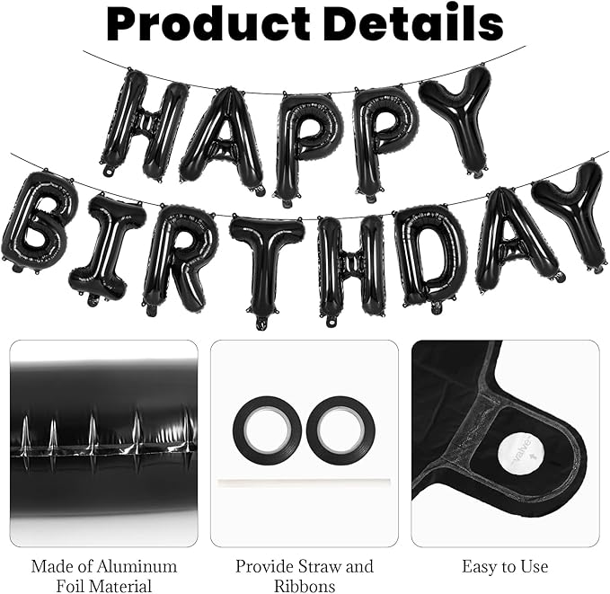 65 Pcs Black Happy Birthday Balloons and 2 Sets A-Z Letters Foil Balloons, 16 Inch Personalized Name Happy Birthday Banners for Wedding Baby Shower Anniversary Party Decorations (Black)