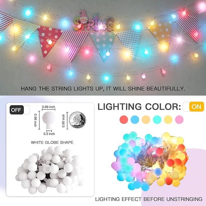 suddus Globe String Lights Bedroom, 100 Led Battery Powered Fairy Lights, Indoor String Lights for Classroom, Backyard, Patio, Garden, Party, Bedroom, Living Room, Easter, 6 Colorful Light