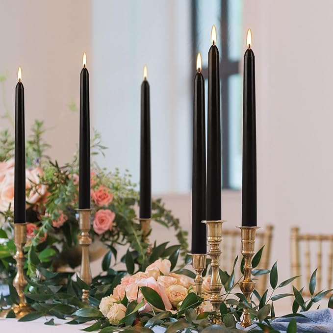 24-Pack Black Dripless Taper Candles -10 inch Tall- Cotton Wick, 7.5 Hour Clean Burning,Smokeless,Suitable for Home Decoration, Weddings, Religious Ceremonies, Holidays, Parties and Halloween.