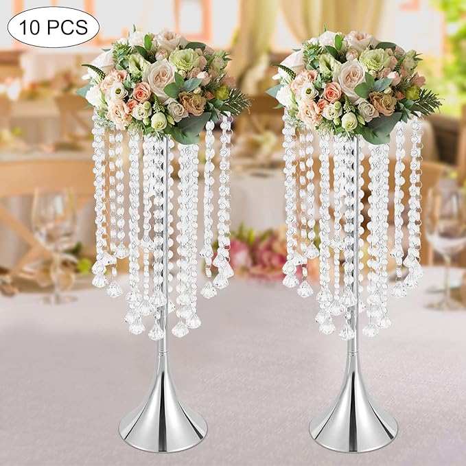 Wedding Centerpieces Silver Vases,10PCS Metal Flower Candle Holder with Sparkling Crystal Beads,Crystal Flower Vase Metal Flowers Stand for Party Tables Decorations (10PCS-Sliver-3)
