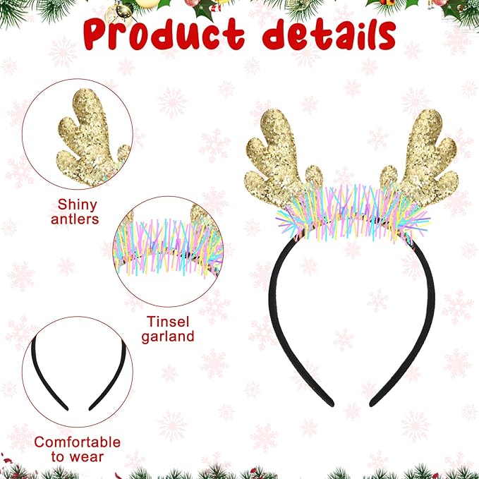 Riceshoot 30 Pcs Christmas Reindeer Antlers Headband Bulk Deer Antlers Headbands with Ears Deer Costume for Women Halloween Party Favors Supplies