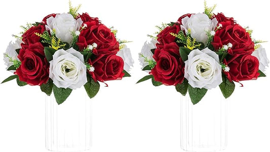 NUPTIO Artificial Flower Centrepieces for Tables - 2 Pcs Crimson & White Fake Flowers Roses Balls 9.5in Diameter - Silk Faux Rose Arrangement for Wedding Party Centerpiece Table Decorations