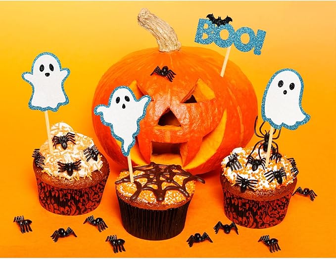 24 Pack Glitter Halloween Ghost Cupcake Toppers - Baby Shower Decor Gender Reveal Decorations (Blue)