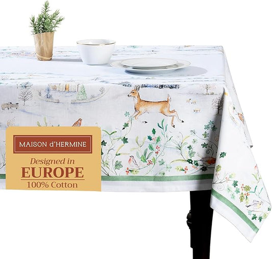 Maison d' Hermine Table Cloth Rectangle Table 100% Cotton 70 x 140 Inches Fall Tablecloth Reusable Everyday Use for Thanksgiving Christmas Decorations Dining Farmhouse Party (Snowy World)