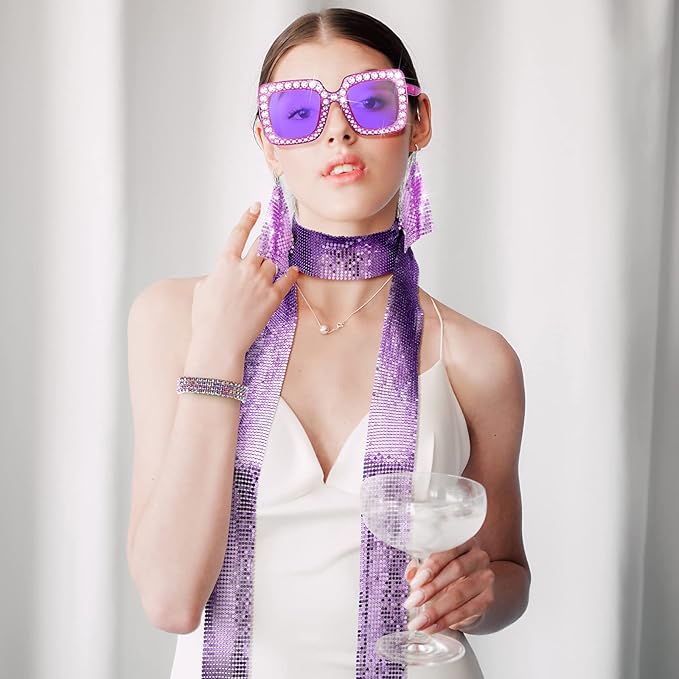 Sasylvia 5 Pcs 70s Disco Accessories Halloween Women Costume Jewelry Sequin Scarf Earrings Sunglasses Bracelet Headband