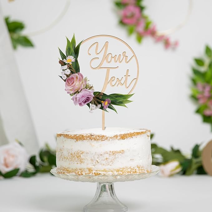 CustomText Wedding Cake Topper with 3D Artificial Flowers and Green Leaves Personalized Your Text Wooden Anniversary Engagement Cake Decoration