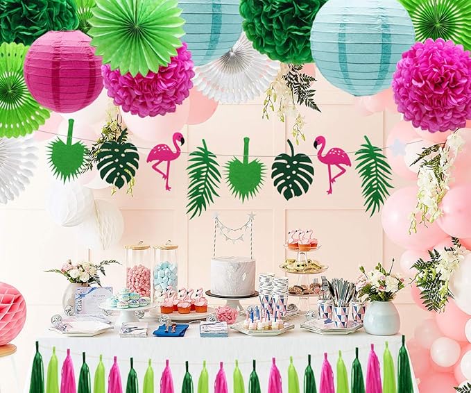 ADLKGG Tropical Flamingo Palm Leaf Banner Party Decorations, Hanging Paper Fans Paper Lanterns Pom Poms Flowers Tissue Tassels for Birthday Baby Shower Summer Hawaiian Party Bachelorette