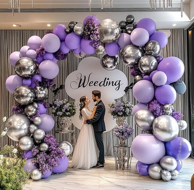 Purple Silver Balloon Arch Double Stuffed Dark Purple Balloons Lavender Lilac Balloon Garland Kit with Clear Bobo Balloons for Birthday Wedding Baby Shower Anniversary Halloween Party Decorations