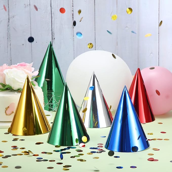 Geosar 200 Pcs Birthday Party Hats Metallic Cone Bulk Multicolor Paper Hat with Elastic String for Youth Adults Pets, Gold, Silver, Red, Blue and Green