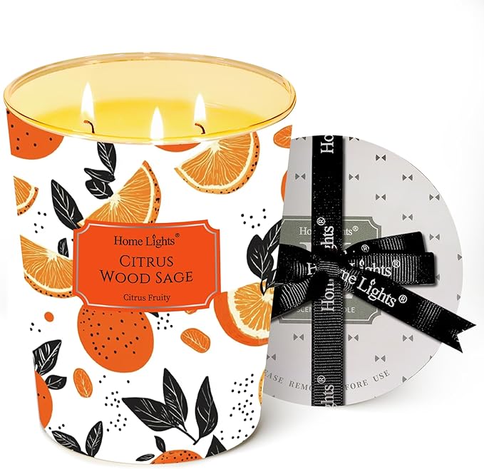 HomeLights Citrus Wood Sage Scented Candles | 34oz Soy Candles Eclectic Mixed Styles 3-Wick Large Candle Jars | Ideal Candle Gifts for Events, Home Decor Stress, Relief & Relaxation