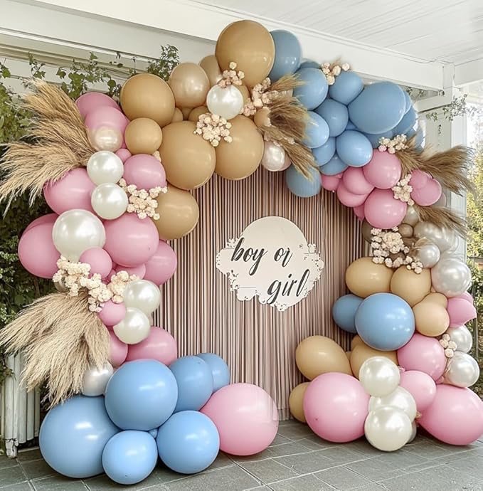 Pink Blue Brown Balloon Garland Double Stuffed Dusty Pink Light Blue White Sand Pearl Balloons Pastel Balloon Arch Kit for Boho Baby Shower Birthday Bridal Shower Bear Gender Reveal Party Decoration