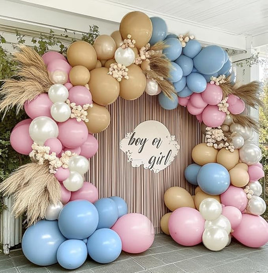 Pink Blue Brown Balloon Garland Double Stuffed Dusty Pink Light Blue White Sand Pearl Balloons Pastel Balloon Arch Kit for Boho Baby Shower Birthday Bridal Shower Bear Gender Reveal Party Decoration