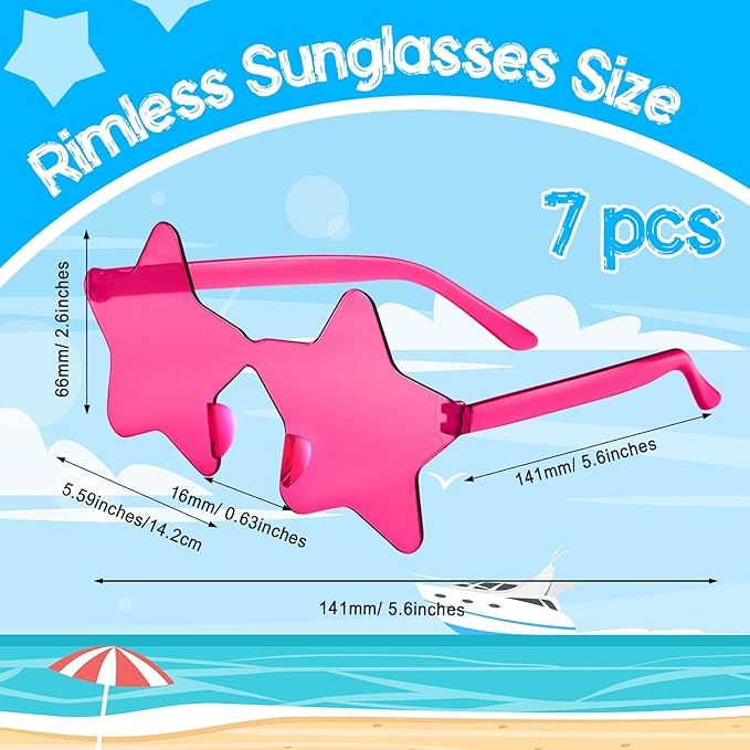 PLULON 7 Pairs Rose Star Sunglasses Rimless Star Shape Sunglasses Party Star Glasses Bulk Bachelorette Sunglasses Star Party Favors for Birthday Beach Kids Adult